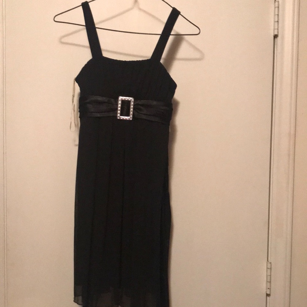 Black semi formal dress with sequined buckle